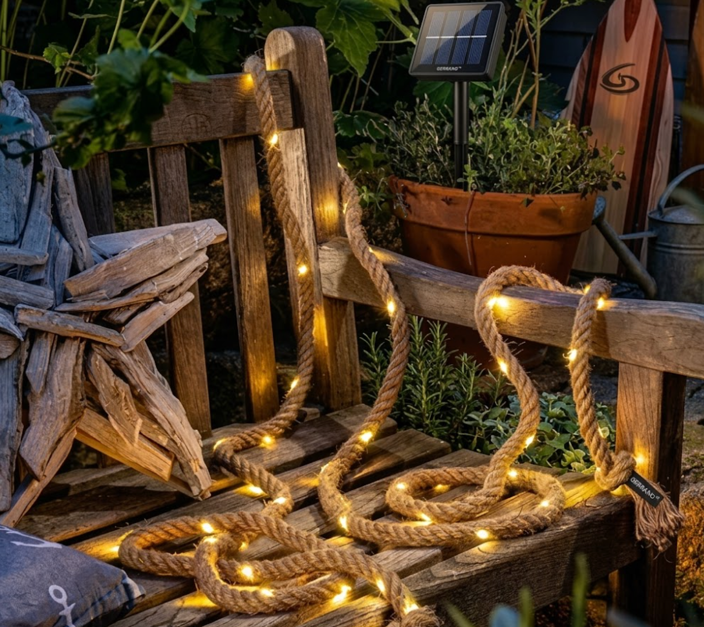 Nautical Solar Rope | 23ft Hand-Woven Hemp String Lights | 50 Integrated LEDs