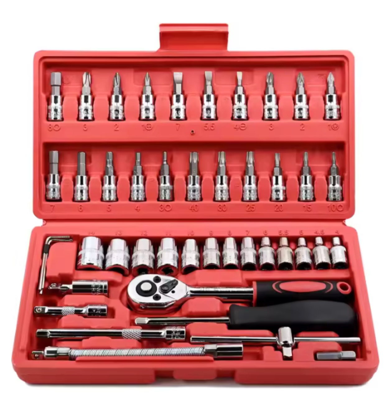 46-Piece Ratchet Wrench Set | 1/4-Inch Socket & Bit Collection | Precision Extension Bars & Hardware Kit