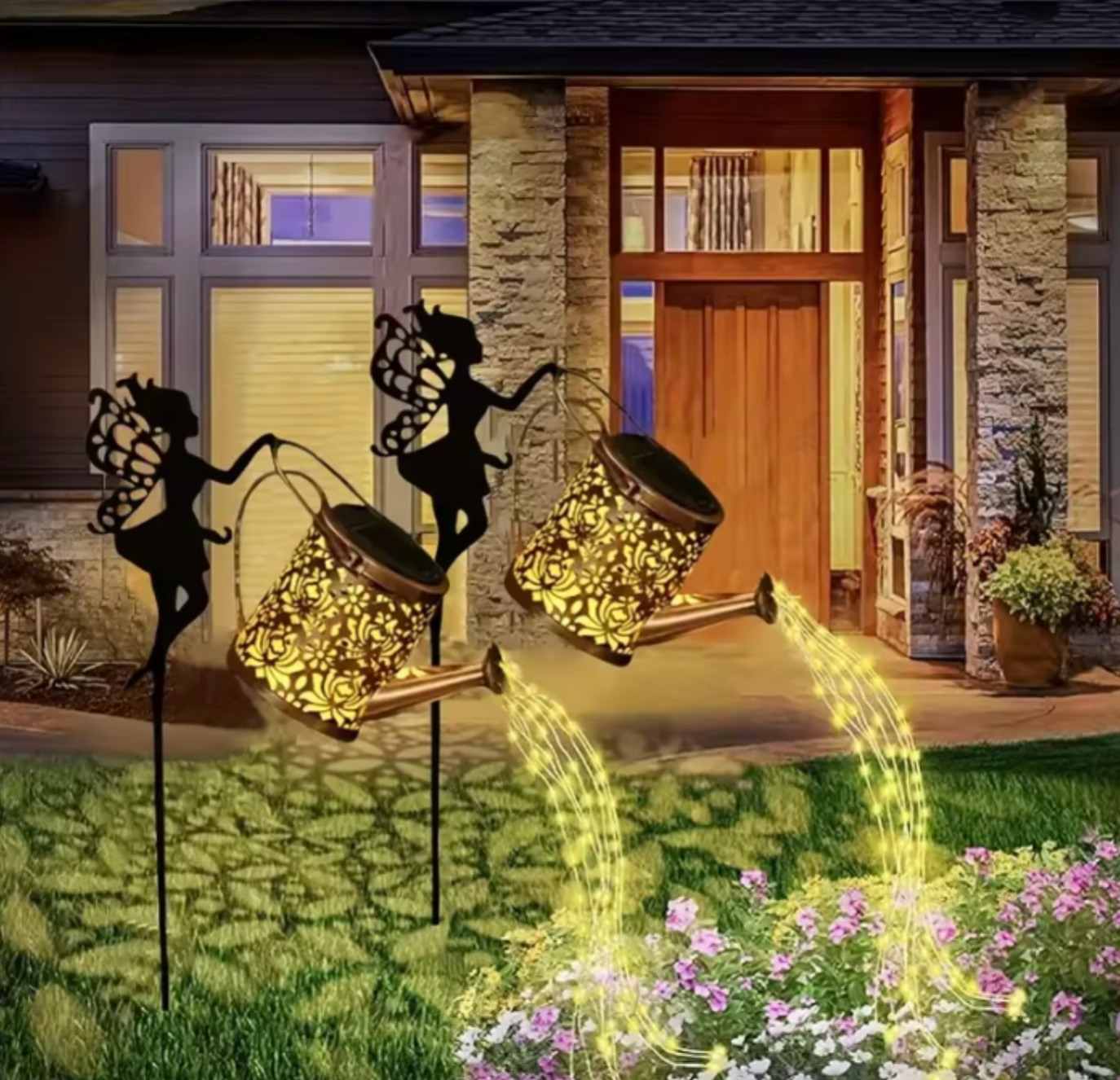 Solar Fairy Watering Can Light | Vintage Metal Landscape Decor | Hanging LED String Lights