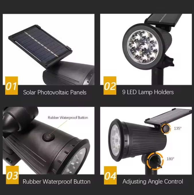 9-LED Solar Spotlight | High-Intensity IP65 Waterproof | Outdoor Security & Accent Light