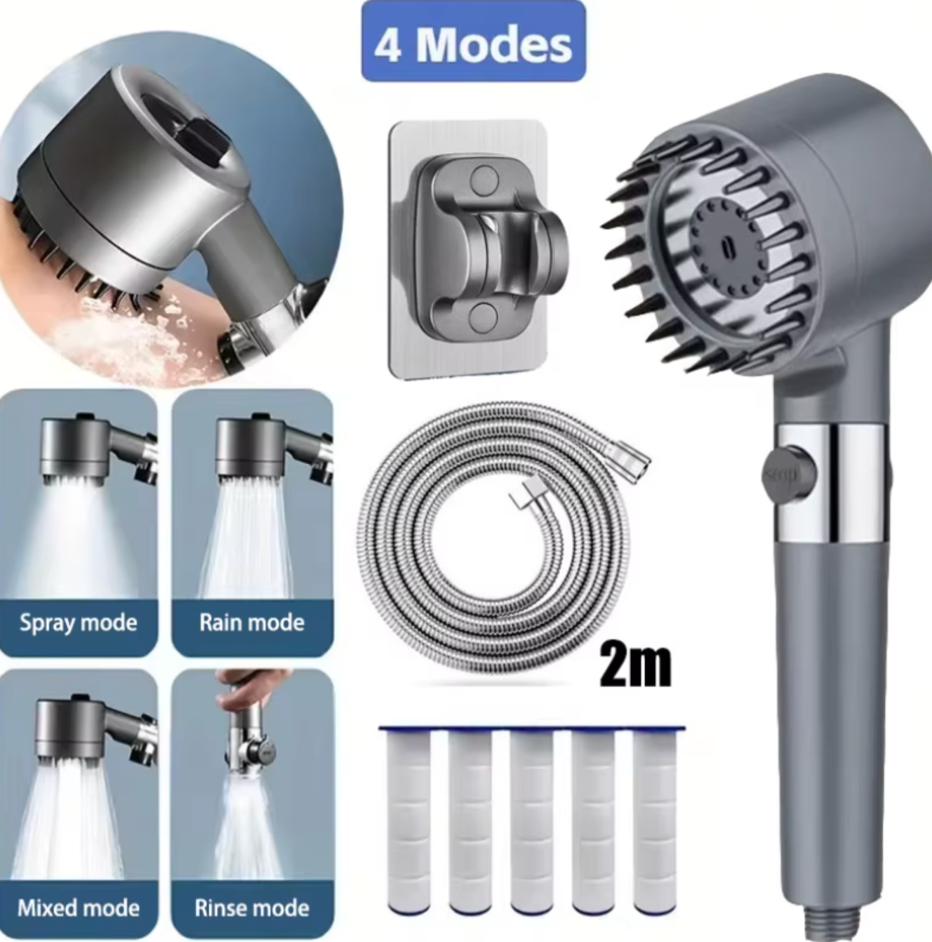 Shower Head | 3-Mode High Pressure with PP Cotton Filter & Scalp Massage