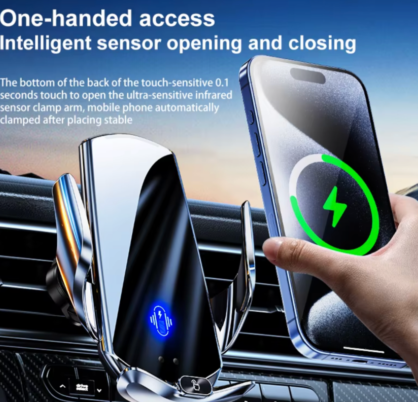 Auto-Clamping Car Phone Mount | Qi Wireless Fast Charging | Quick-Release Universal Dashboard & Vent Holder
