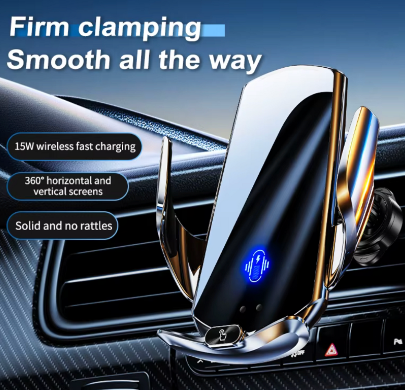Auto-Clamping Car Phone Mount | Qi Wireless Fast Charging | Quick-Release Universal Dashboard & Vent Holder