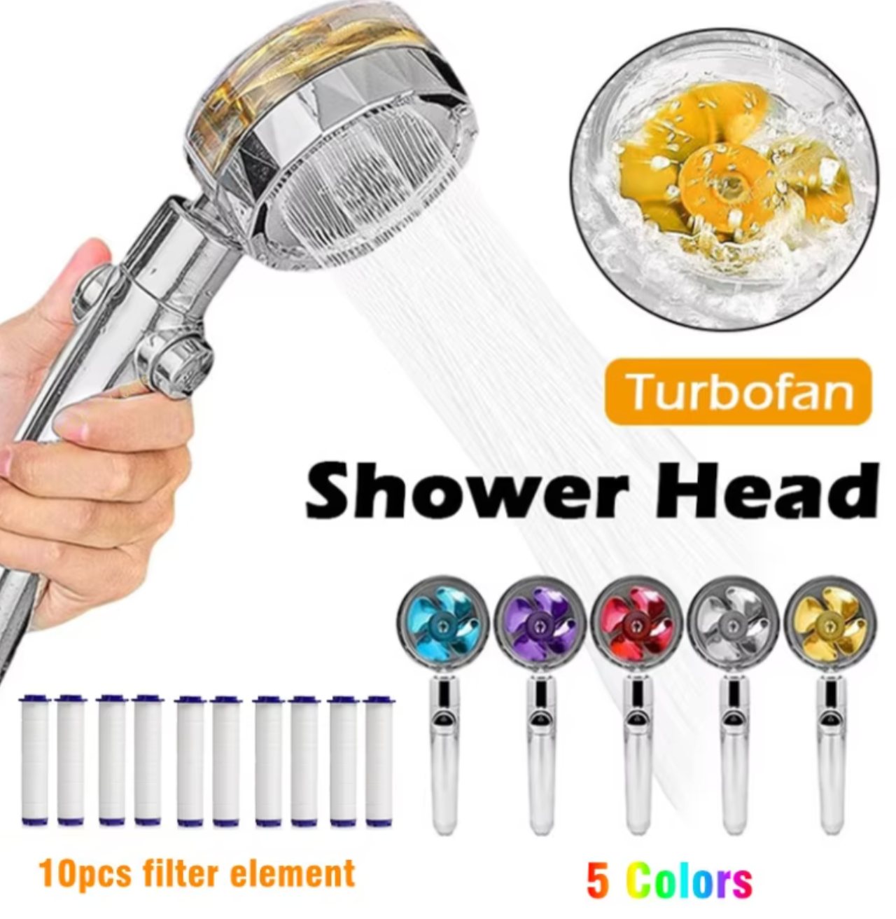 360° Turbo High-Pressure Shower Head | Integrated Water-Saving Filter | Handheld with One-Touch Stop Button