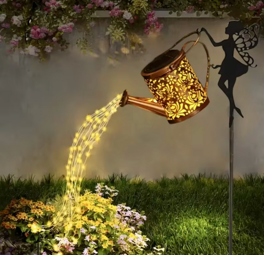 Solar Fairy Watering Can Light | Vintage Metal Landscape Decor | Hanging LED String Lights