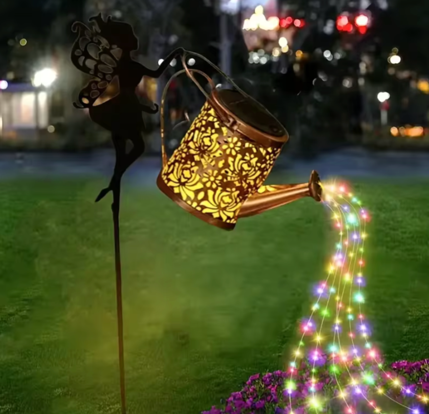 Solar Fairy Watering Can Light | Vintage Metal Landscape Decor | Hanging LED String Lights