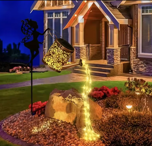 Solar Fairy Watering Can Light | Vintage Metal Landscape Decor | Hanging LED String Lights