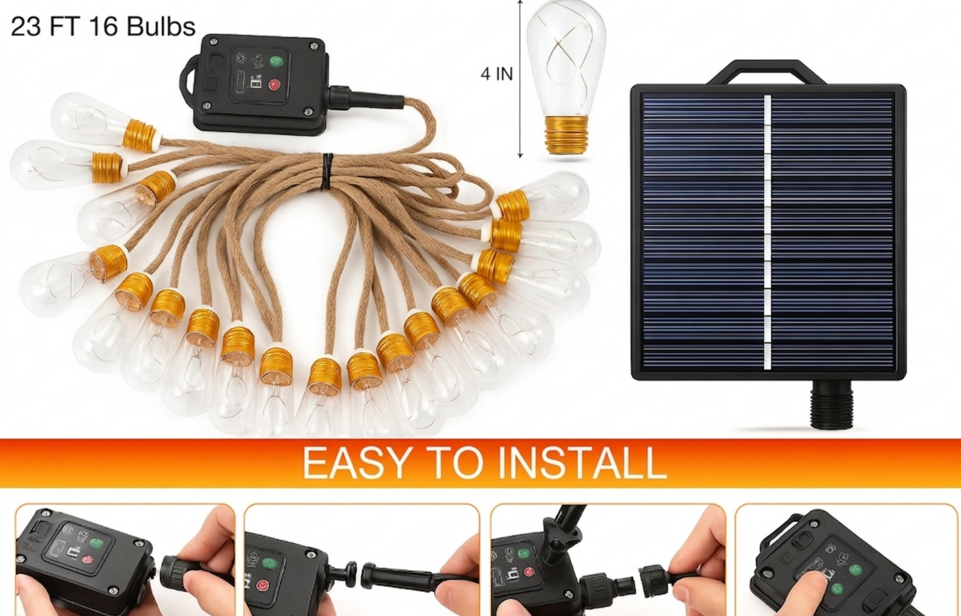 Solar String Lights | 23ft Vintage Hemp Rope Edition