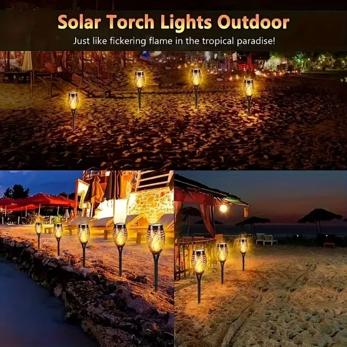 Solar LED Garden Torches | 2-Pack Warm Flame Effect | IP65 Waterproof Outdoor Stakes (350 Lumens)