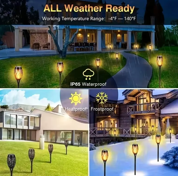 Solar LED Garden Torches | 2-Pack Warm Flame Effect | IP65 Waterproof Outdoor Stakes (350 Lumens)