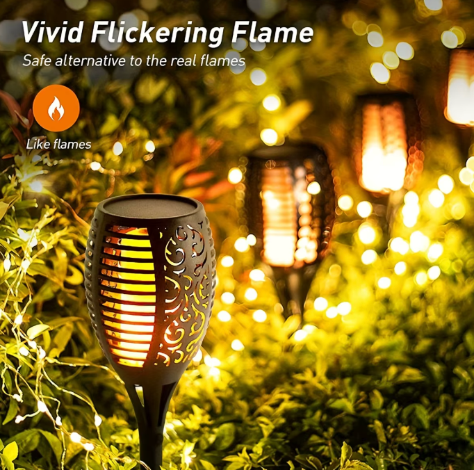 Solar LED Garden Torches | 2-Pack Warm Flame Effect | IP65 Waterproof Outdoor Stakes (350 Lumens)